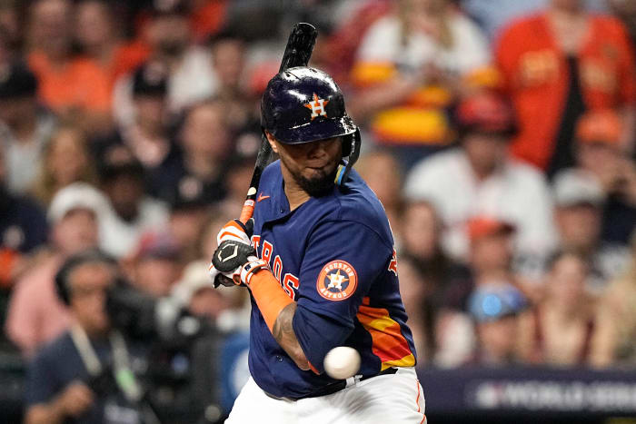 Astros catcher Martín Maldonado gets hit by a pitch to leadoff the sixth inning of World Series Game 6 vs. the Phillies.